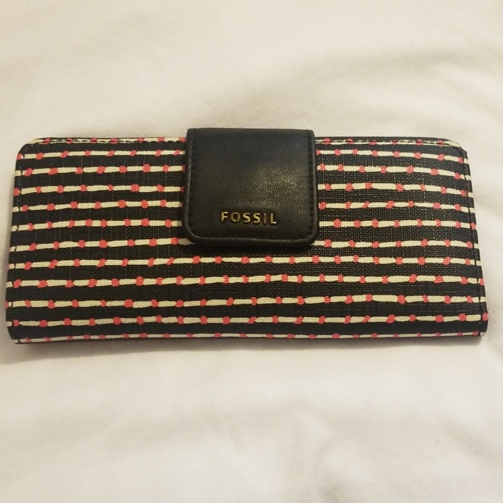 Fossil Wallet Black/White Stripes Red Polka Dots